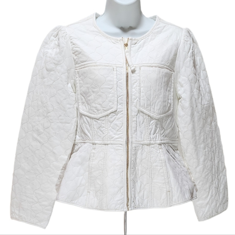 Democracy Quilted Denim Jacket Puff Long Sleeve Peplum Hem In Optic White Size S - Picture 11 of 12